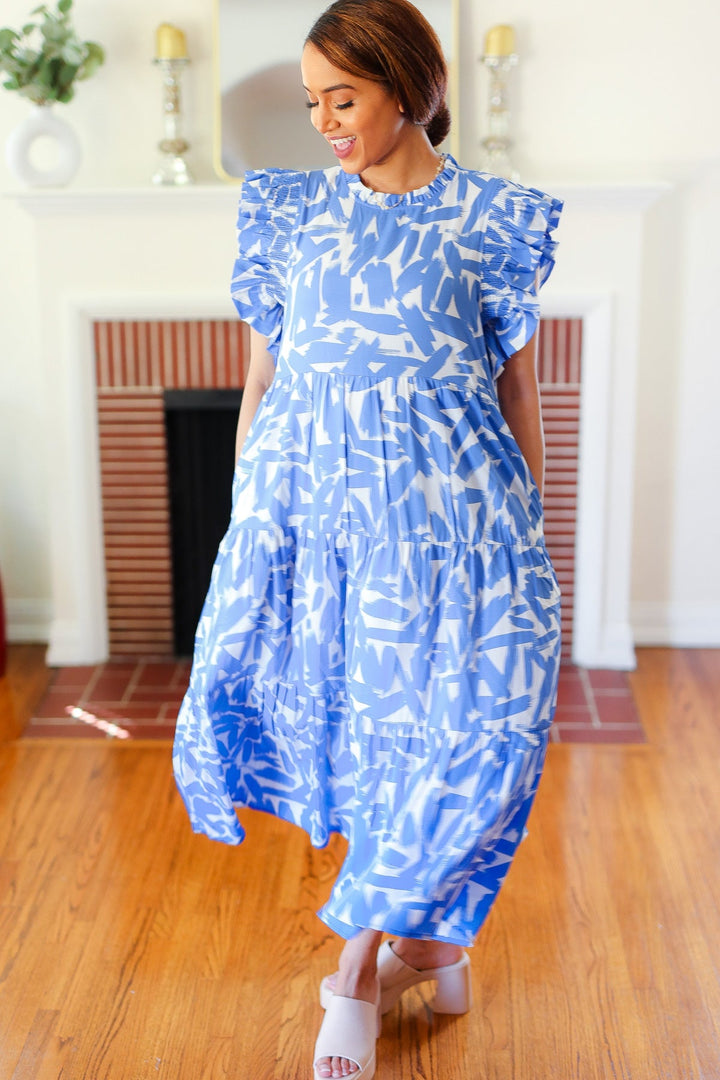 Love Found Sky Blue Abstract Print Tiered Smocked Ruffle Sleeve Maxi Dress