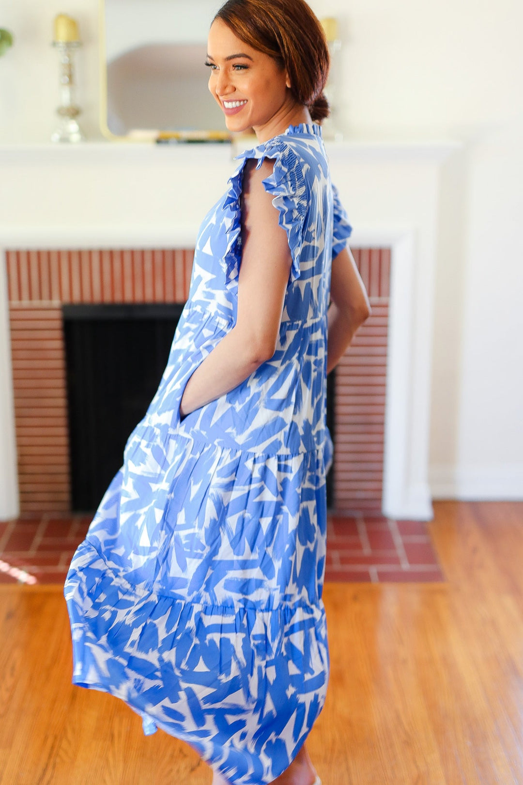 Love Found Sky Blue Abstract Print Tiered Smocked Ruffle Sleeve Maxi Dress