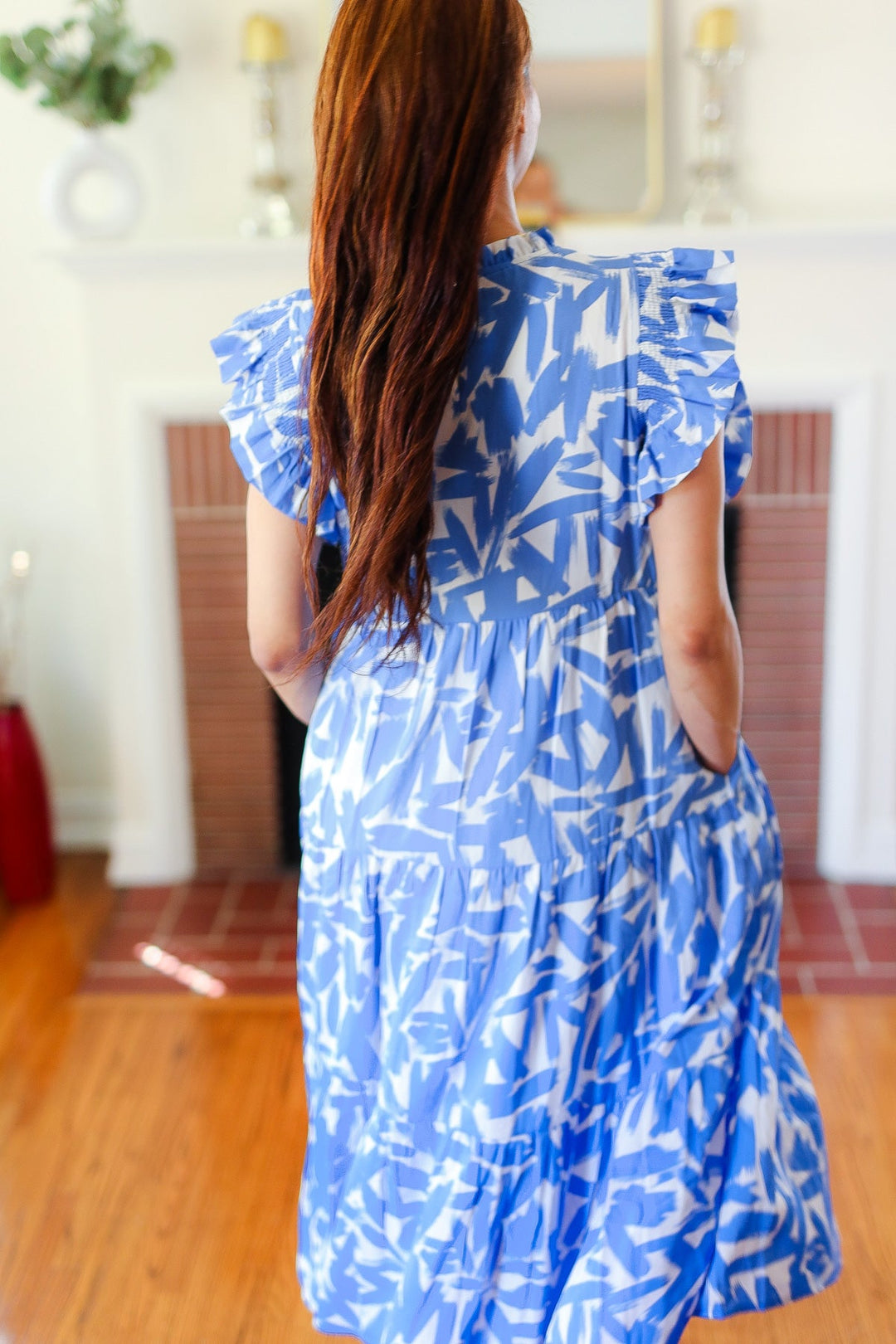 Love Found Sky Blue Abstract Print Tiered Smocked Ruffle Sleeve Maxi Dress