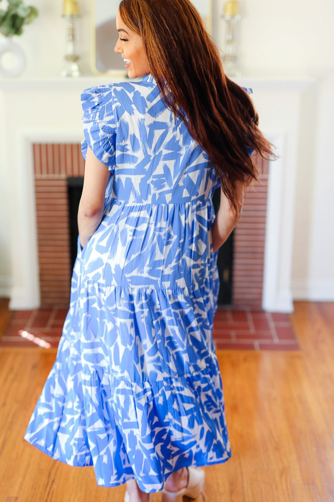 Love Found Sky Blue Abstract Print Tiered Smocked Ruffle Sleeve Maxi Dress