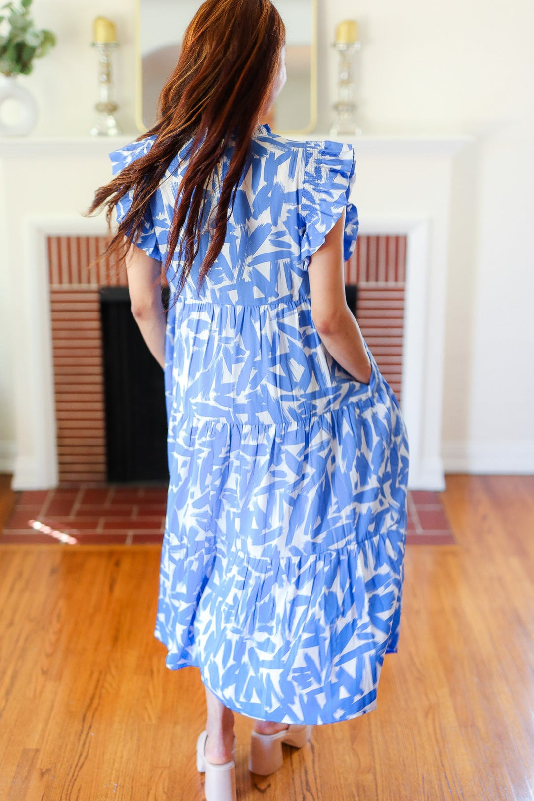 Love Found Sky Blue Abstract Print Tiered Smocked Ruffle Sleeve Maxi Dress