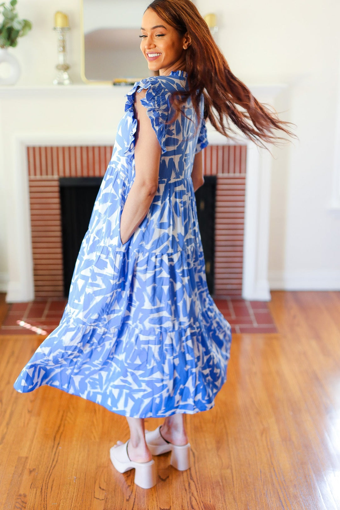 Love Found Sky Blue Abstract Print Tiered Smocked Ruffle Sleeve Maxi Dress