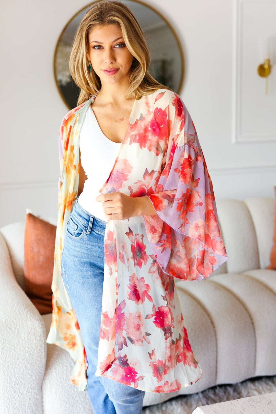 Sand & Fuchsia Floral Print Chiffon Cover Up Kimono