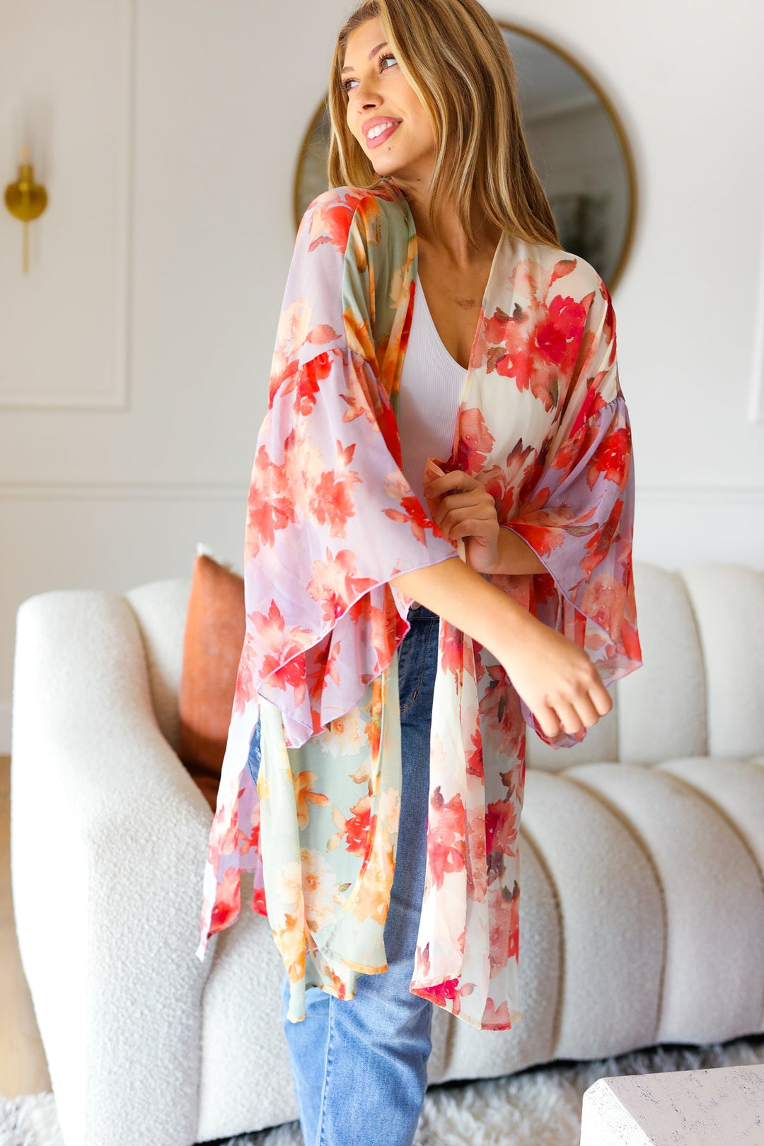 Sand & Fuchsia Floral Print Chiffon Cover Up Kimono