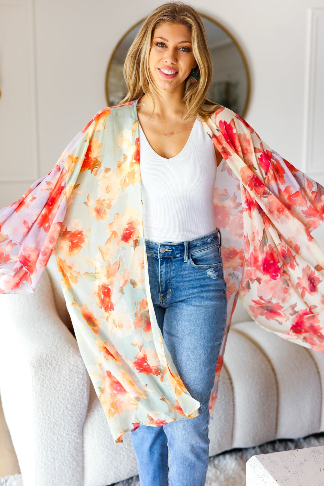 Sand & Fuchsia Floral Print Chiffon Cover Up Kimono