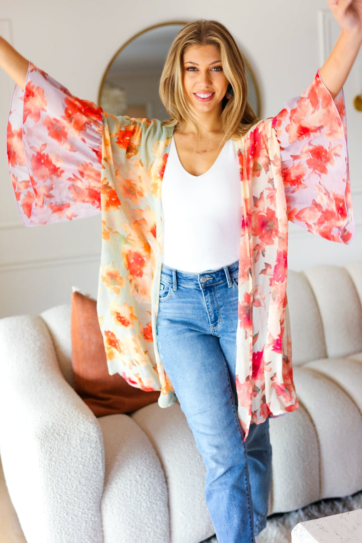 Sand & Fuchsia Floral Print Chiffon Cover Up Kimono