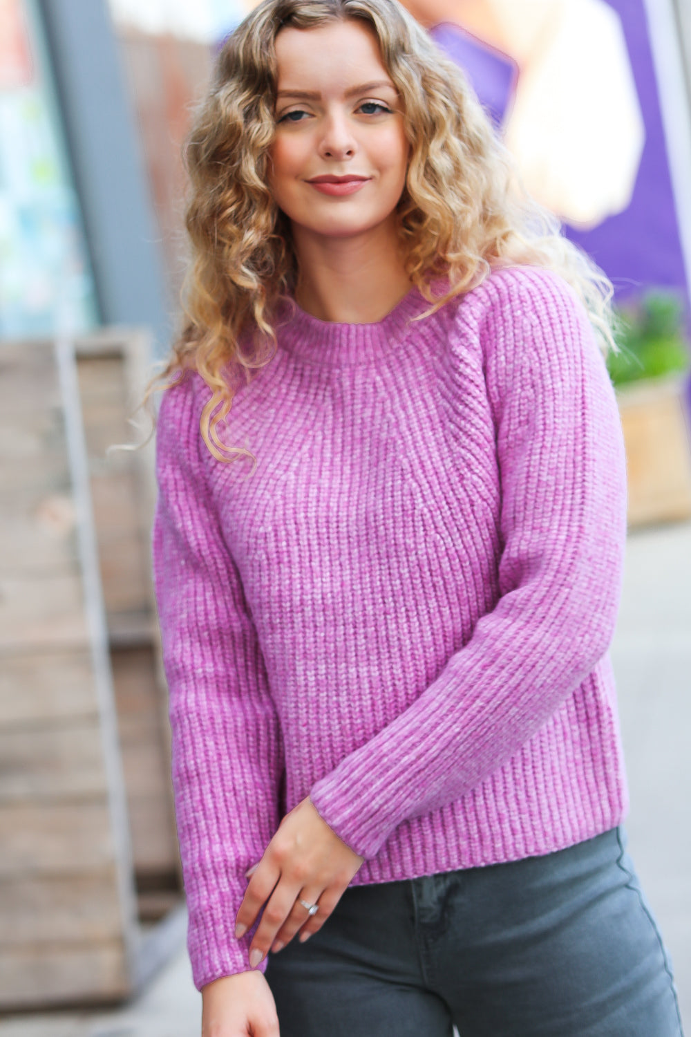 Sweet Lavender Mélange Round Neck Knit Sweater