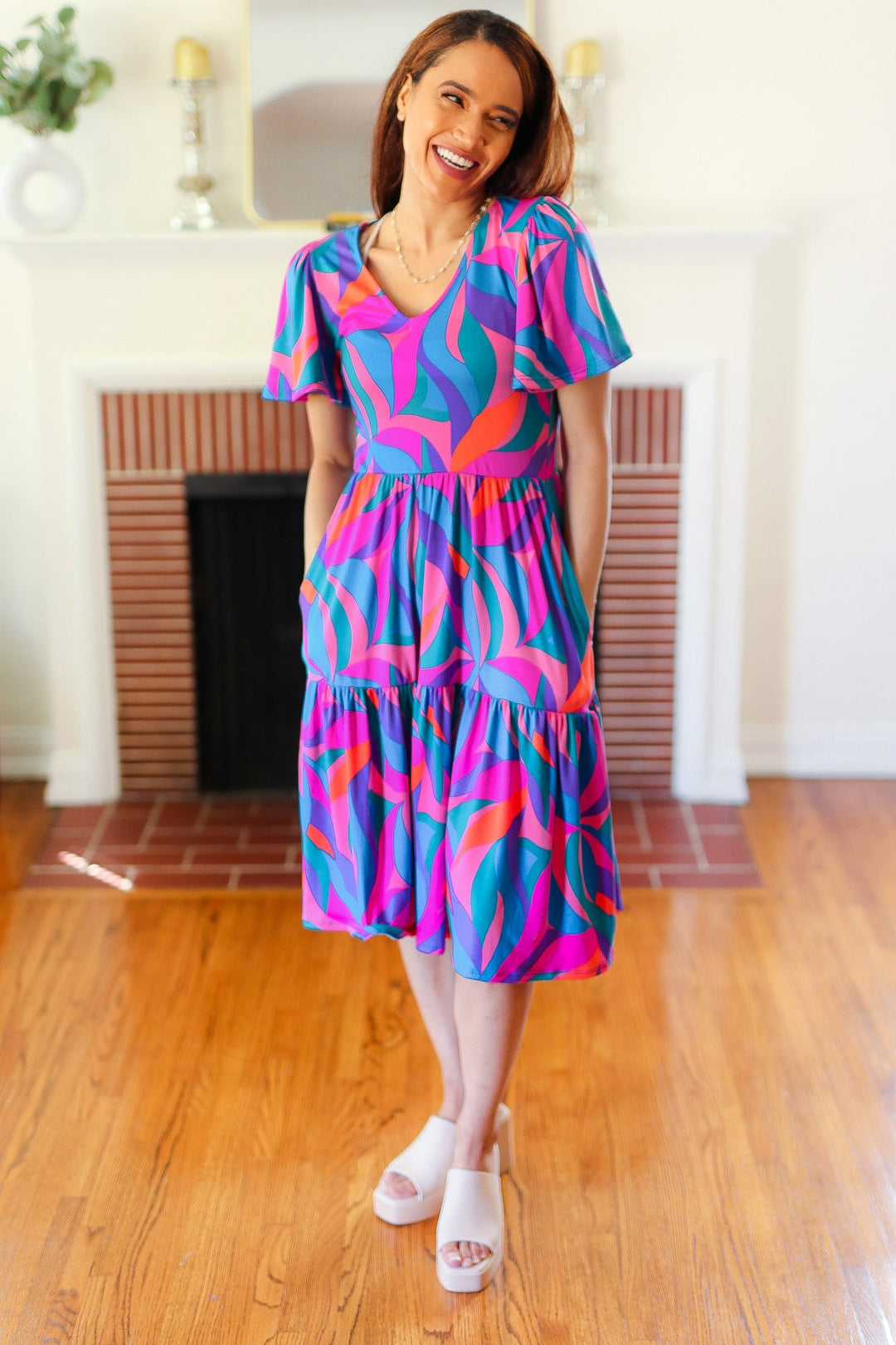 Remember Me Blue & Fuchsia Geo Print V Neck Dress