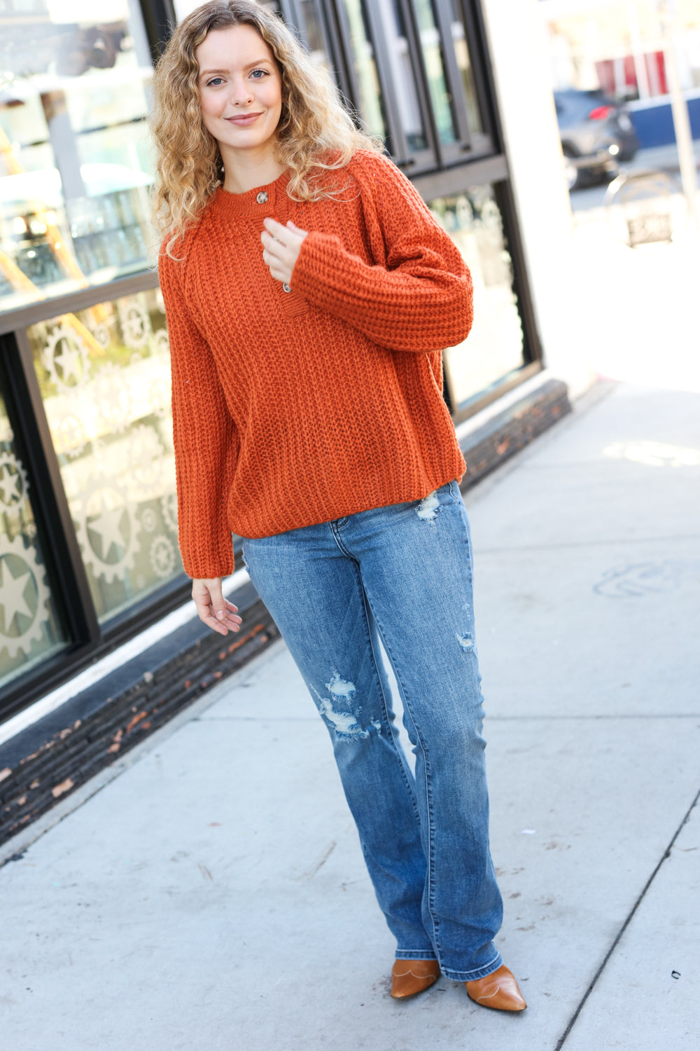 Better Than Ever Rust Loose Knit Henley Button Sweater