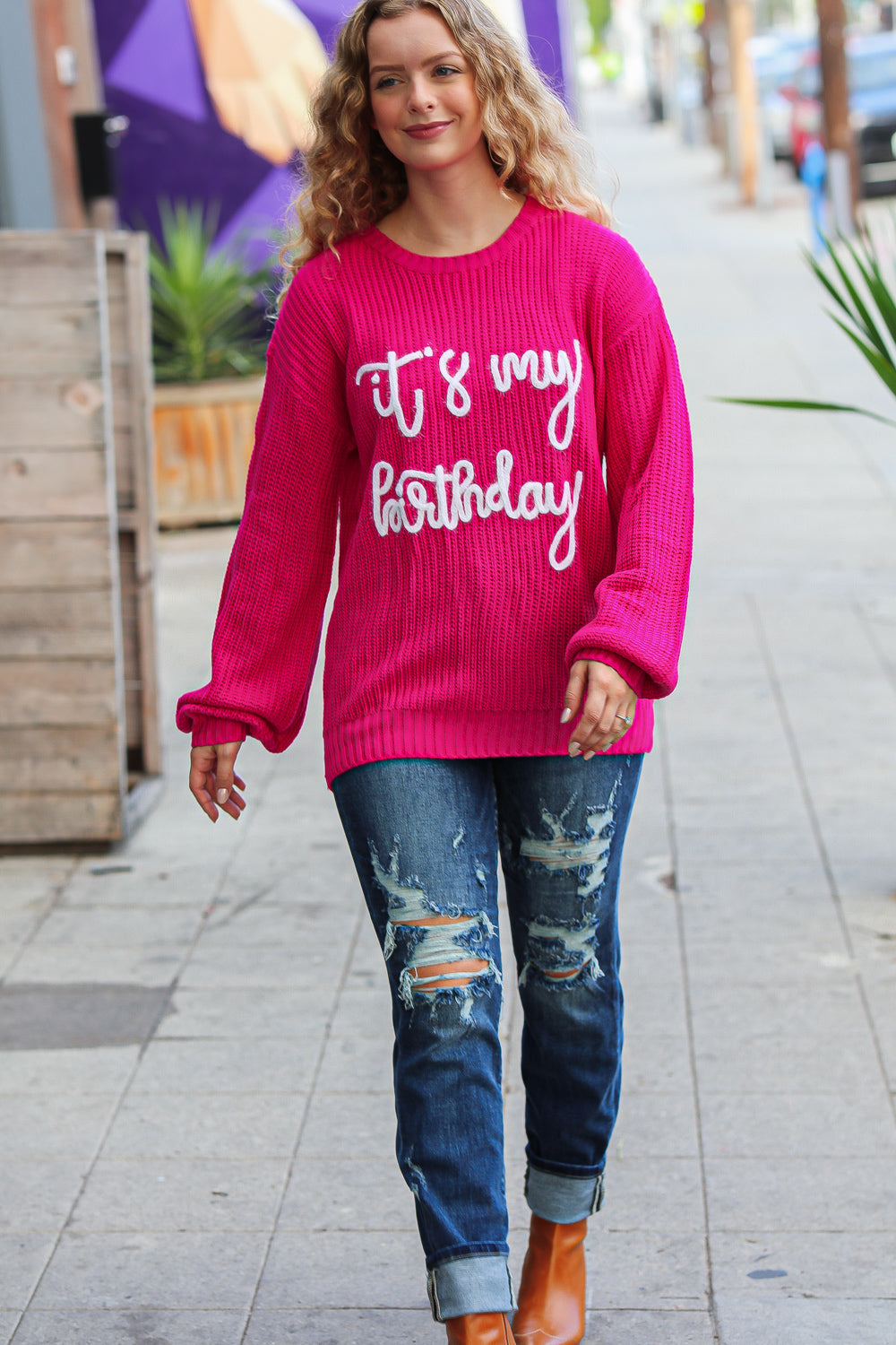 Pretty in Pink Embroidery "It's My Birthday" Chunky Knit Top