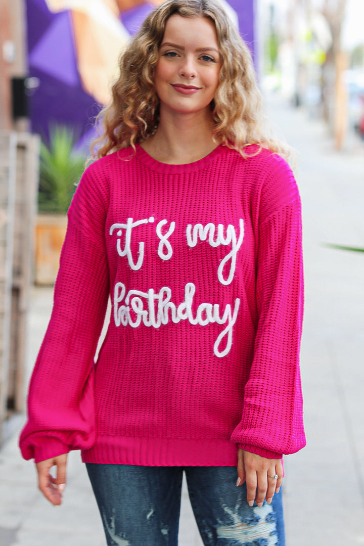 Pretty in Pink Embroidery "It's My Birthday" Chunky Knit Top