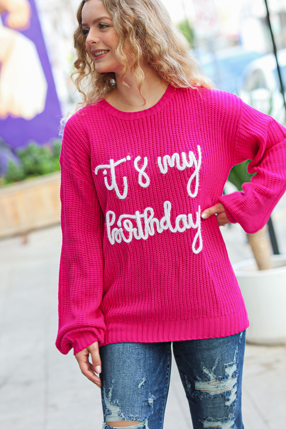 Pretty in Pink Embroidery "It's My Birthday" Chunky Knit Top