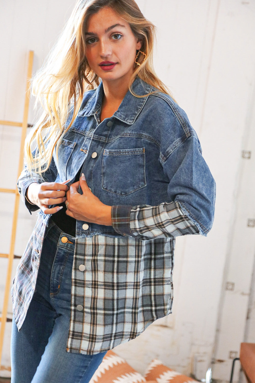 Washed Cotton Denim Plaid Color Block Jacket