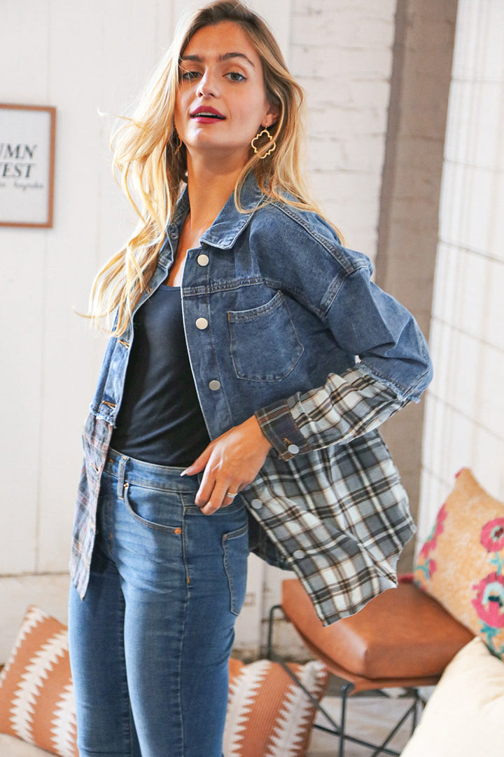 Washed Cotton Denim Plaid Color Block Jacket