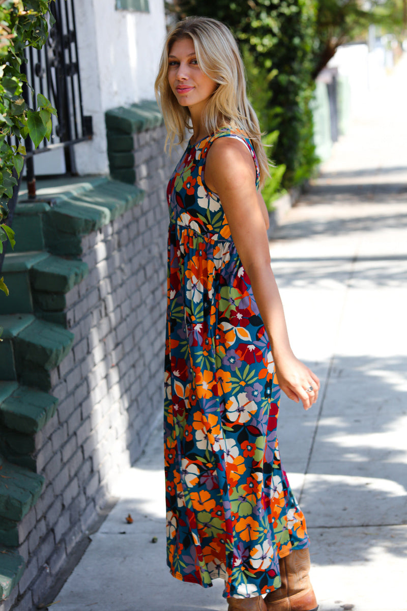 Teal & Maroon Flat Floral  Fit and Flare Sleeveless Maxi Dress