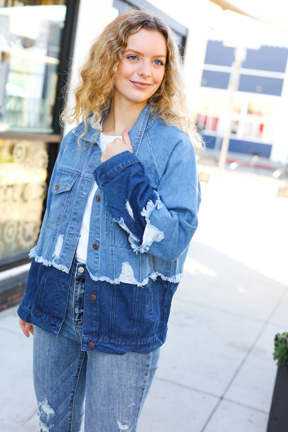 Easy Moves Blue Color Block Distressed Denim Jacket