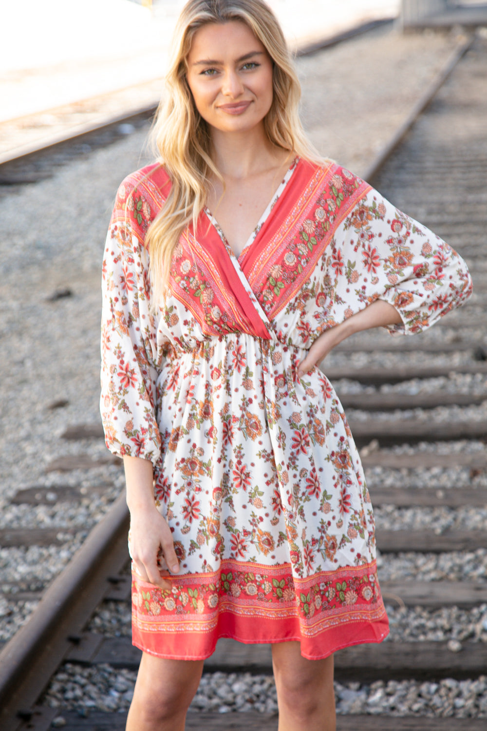 Coral Boho Challis Surplice Pocketed Dress