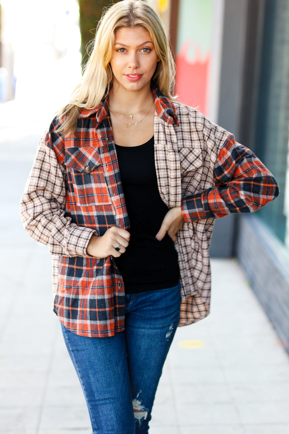 Calling On You Rust & Taupe Plaid Color Block Shacket