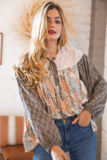 Taupe Paisley Print Houndstooth Mock Neck Top