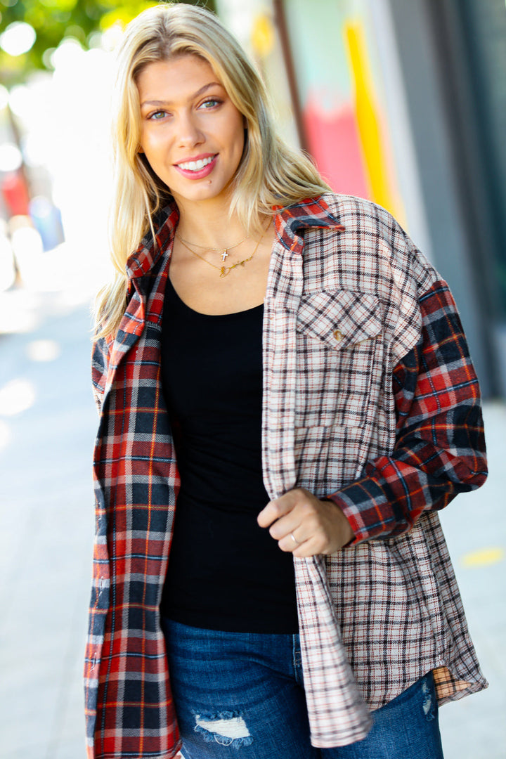 Calling On You Rust & Taupe Plaid Color Block Shacket