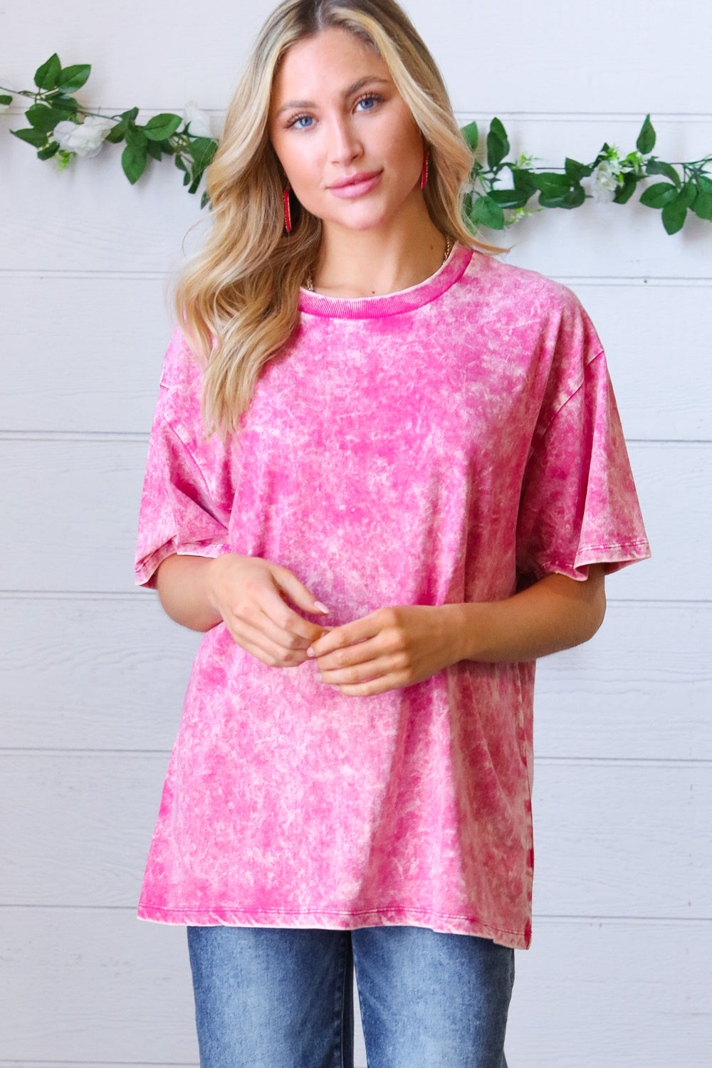 Rose Cotton Wash Short Sleeve Crew Neck Top