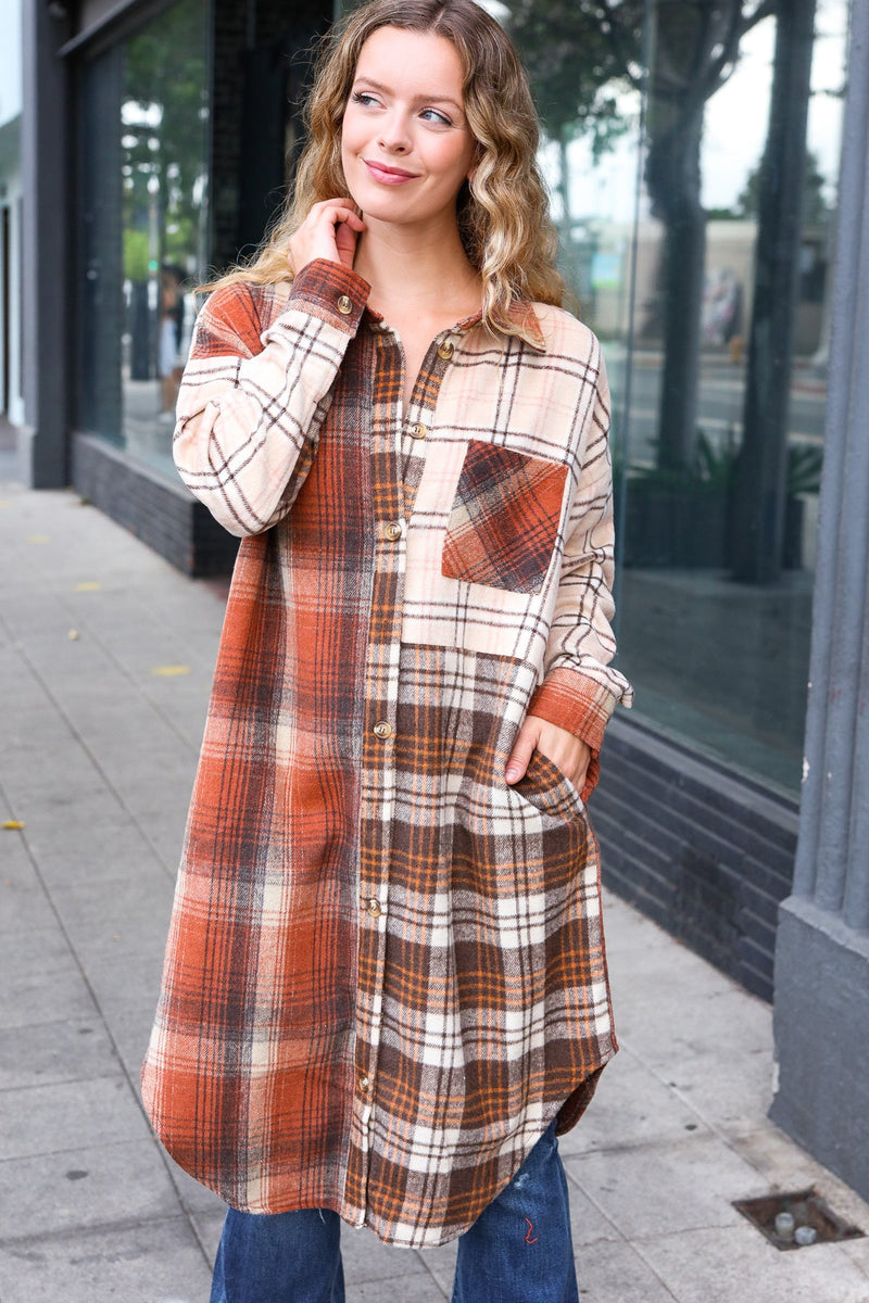 Stand Out Rust & Taupe Color Block Plaid Longline Shacket