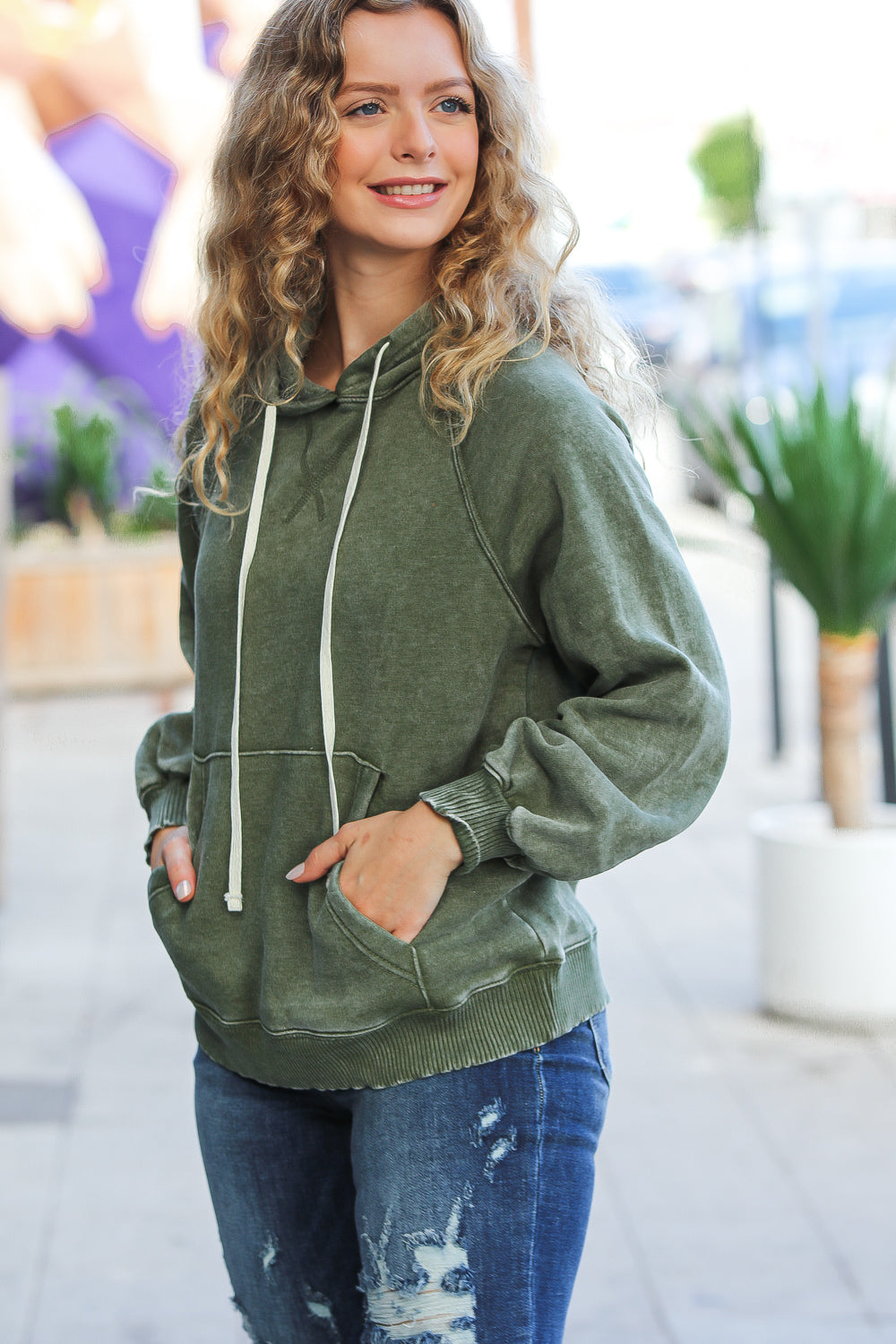 Know Yourself Olive Acid Wash Fleece Lined Hoodie