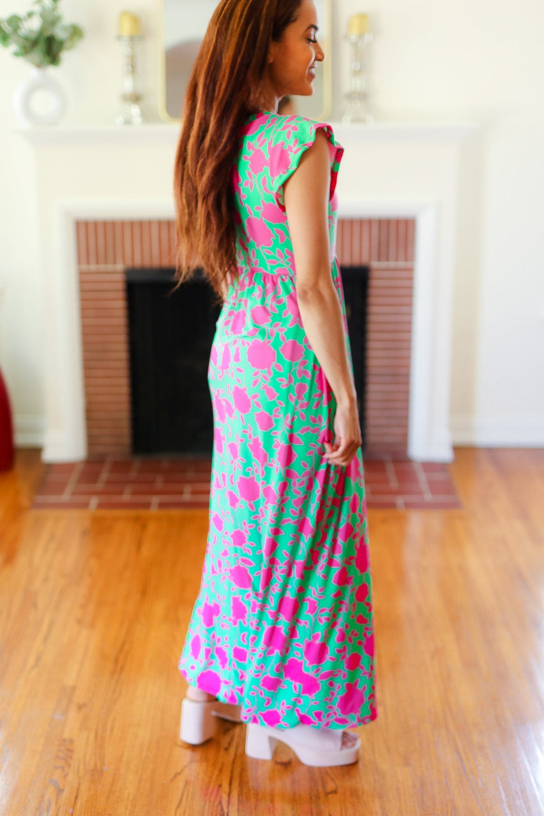 Stand Out Green & Fuchsia Floral Fit & Flare Maxi Dress