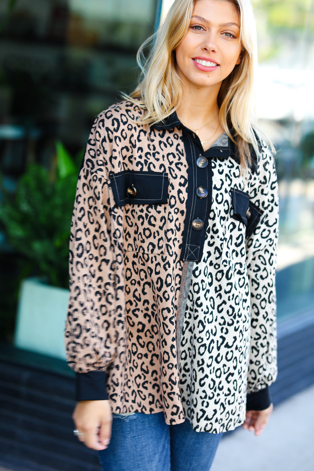 Fun Days Ahead Camel Leopard Color Block Button Down Pullover