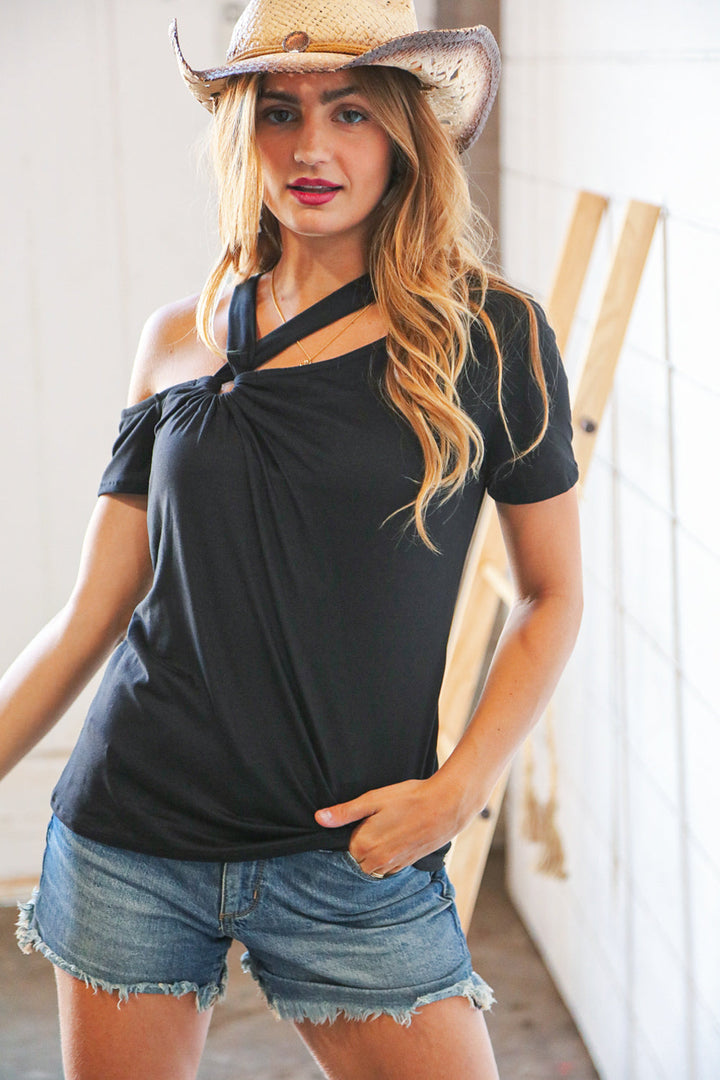 Black Cold Shoulder Keyhole Knit Top