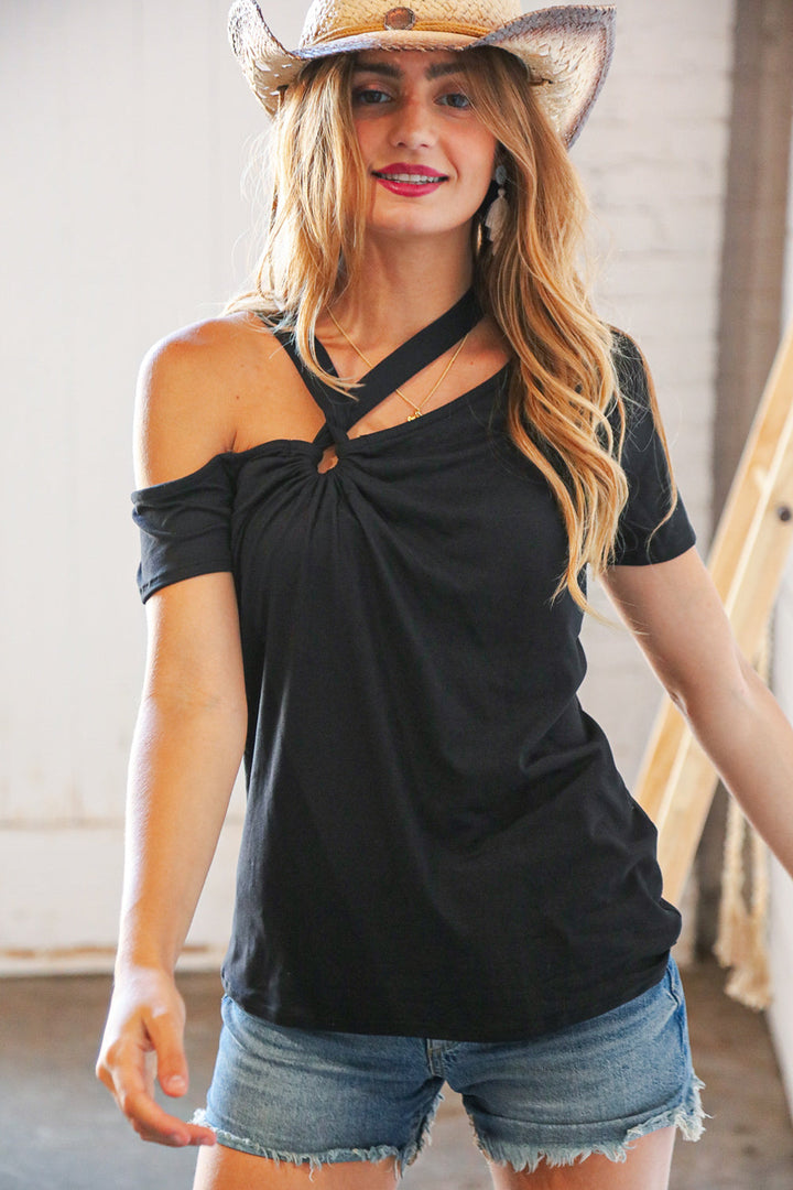 Black Cold Shoulder Keyhole Knit Top