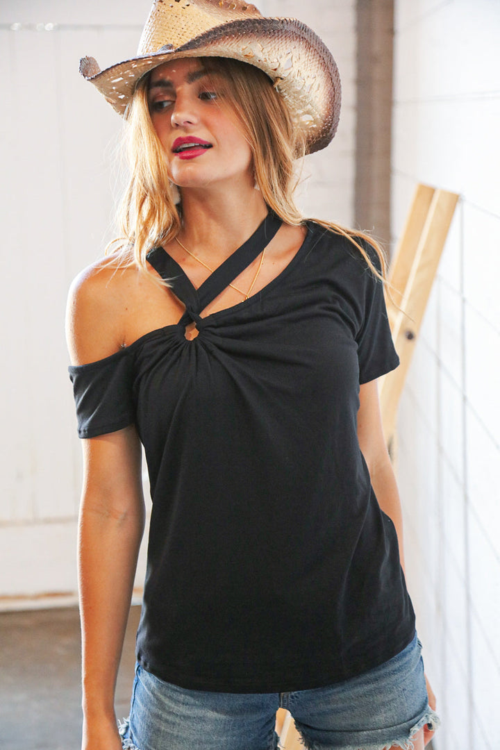 Black Cold Shoulder Keyhole Knit Top