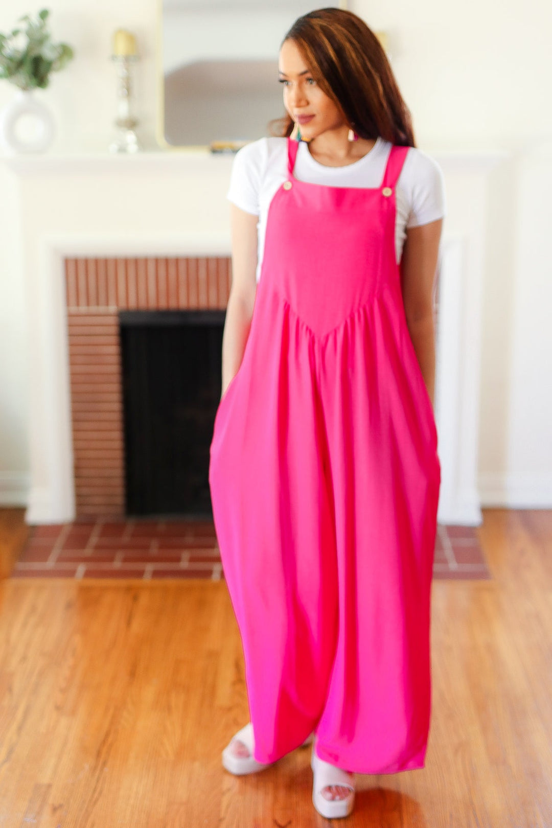 Summer Dreaming Pink Wide Leg Suspender Overall Jumpsuit