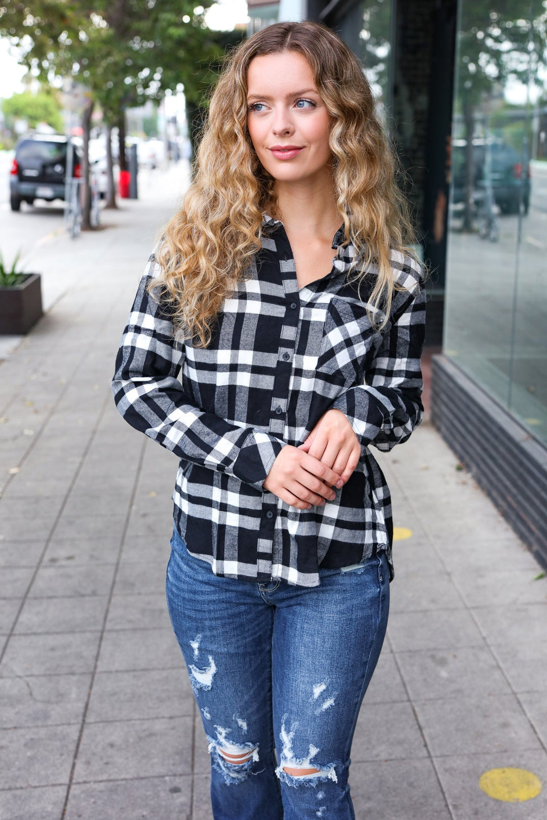 Casual Chic Black Plaid Button Down Long Sleeve Top