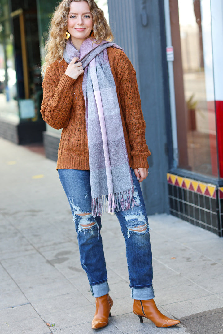 Keep Me Cozy Wine & Blush Check Fringe Scarf