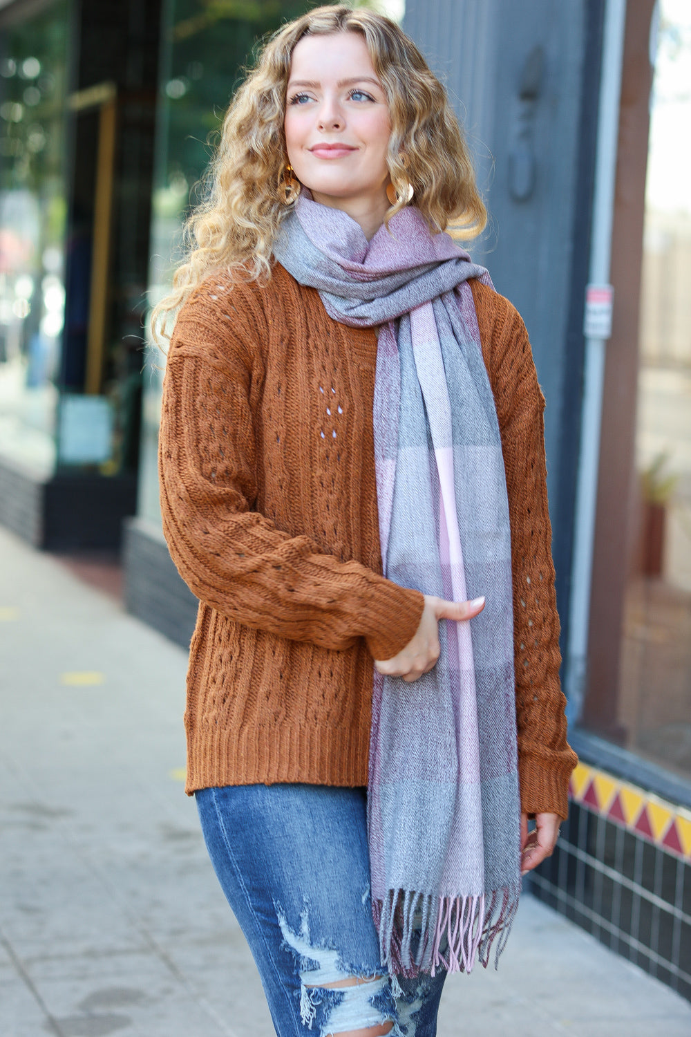 Keep Me Cozy Wine & Blush Check Fringe Scarf