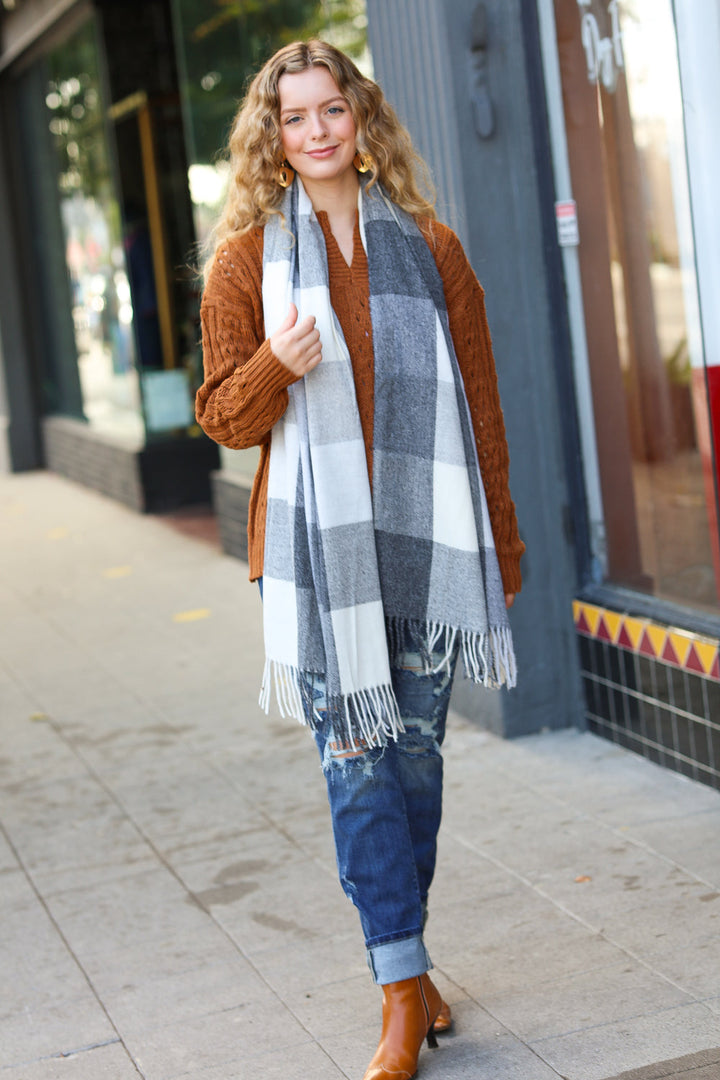 Keep Me Cozy Charcoal Grey Check Fringe Scarf