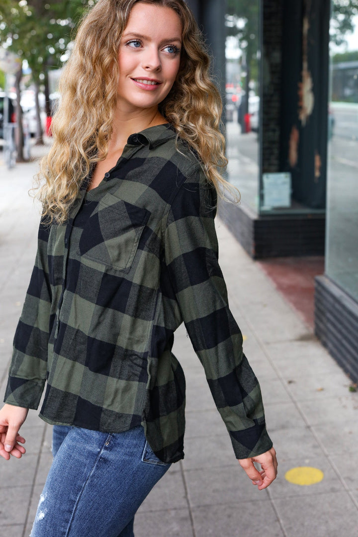 Casual Chic Army Green Plaid Button Down Long Sleeve Top