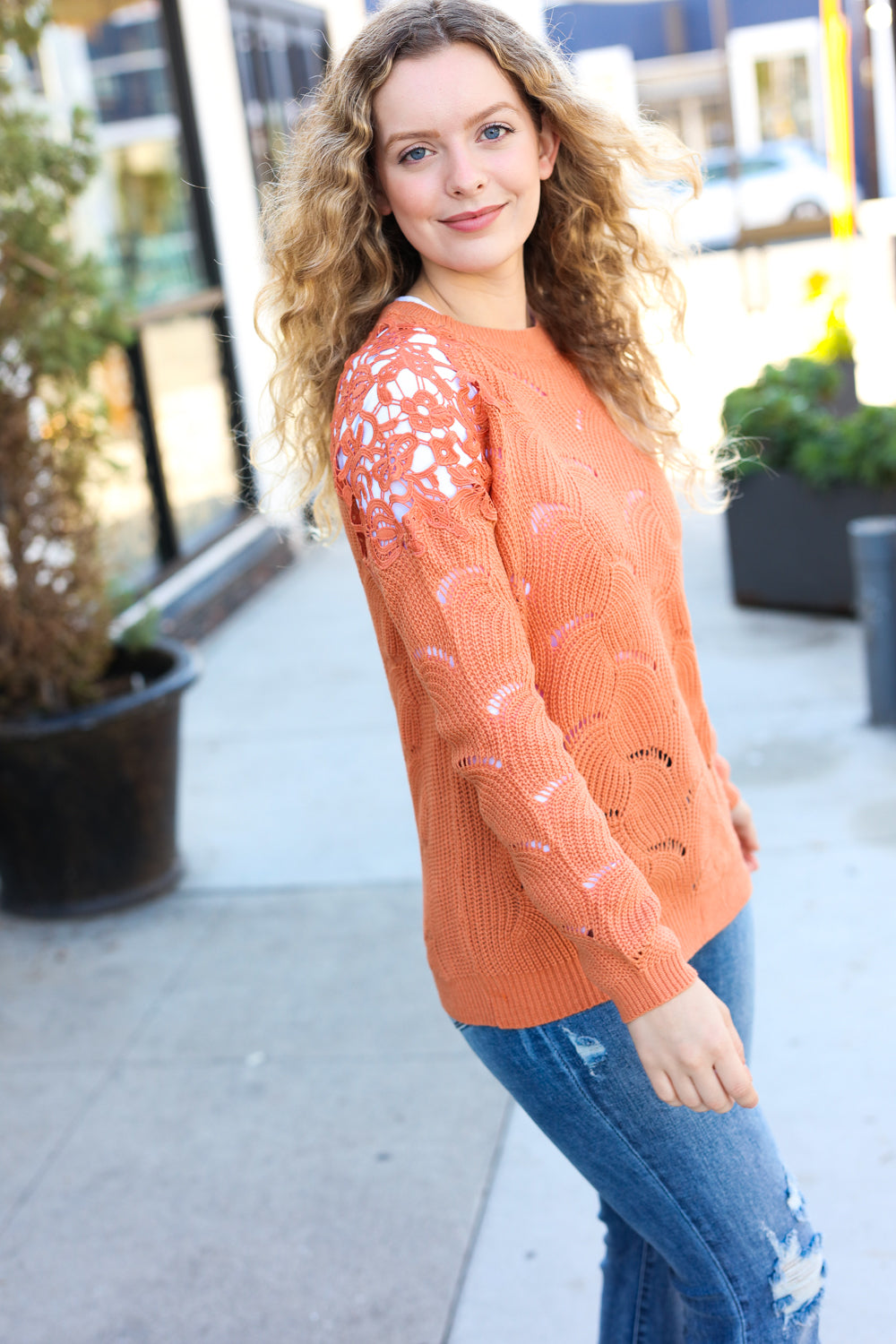 Give Joy Peach Pointelle Shoulder Lace Sweater