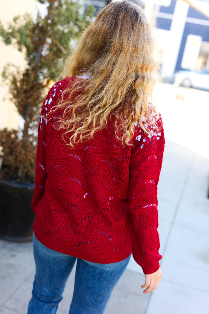 Feeling Fun Burgundy Pointelle Lace Shoulder Knit Sweater