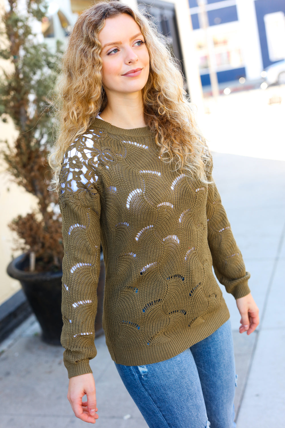 Feeling Fun Olive Pointelle Lace Shoulder Knit Sweater