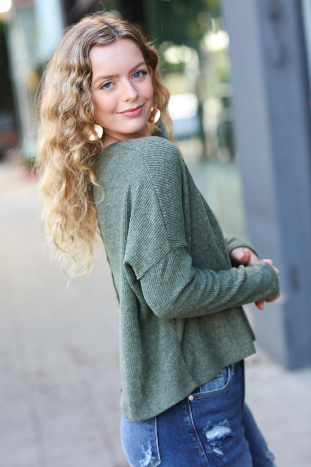 Stay Awhile Olive Ribbed Dolman Cropped Sweater