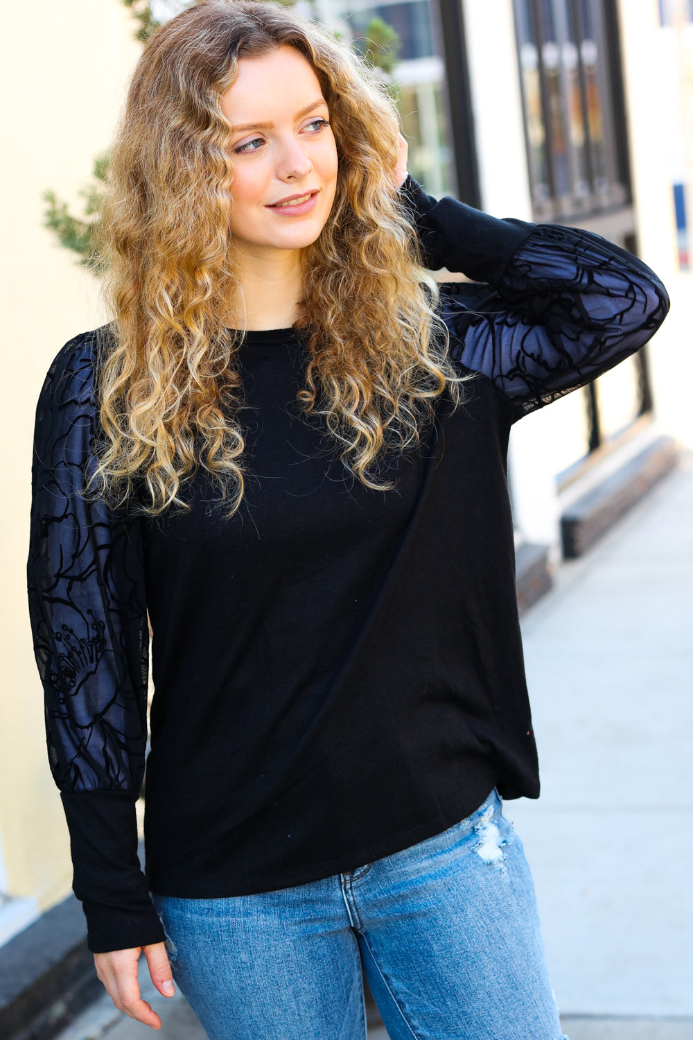 Lock Eyes Black Floral Mesh Bubble Sleeve Top