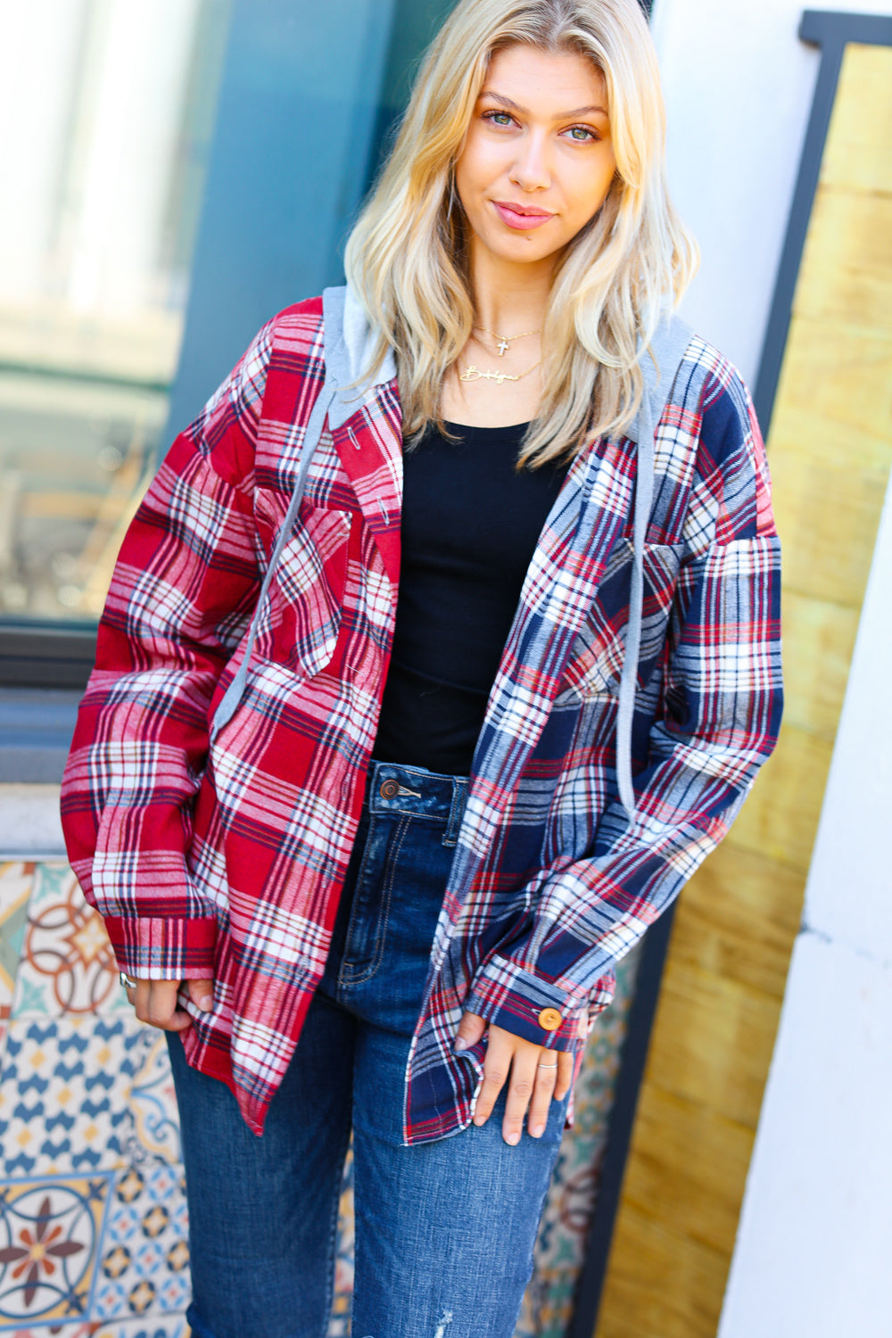 Face the Day Red/Navy Plaid Color Block Hoodie Shacket