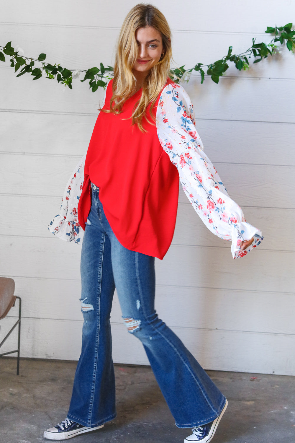 Red Chiffon Foiled Floral Thread Ruffle Sleeve Blouse