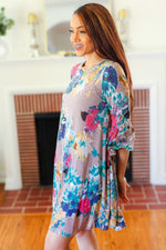 Spread Joy Teal & Fuchsia Watercolor Floral Ruffle Sleeve Dress