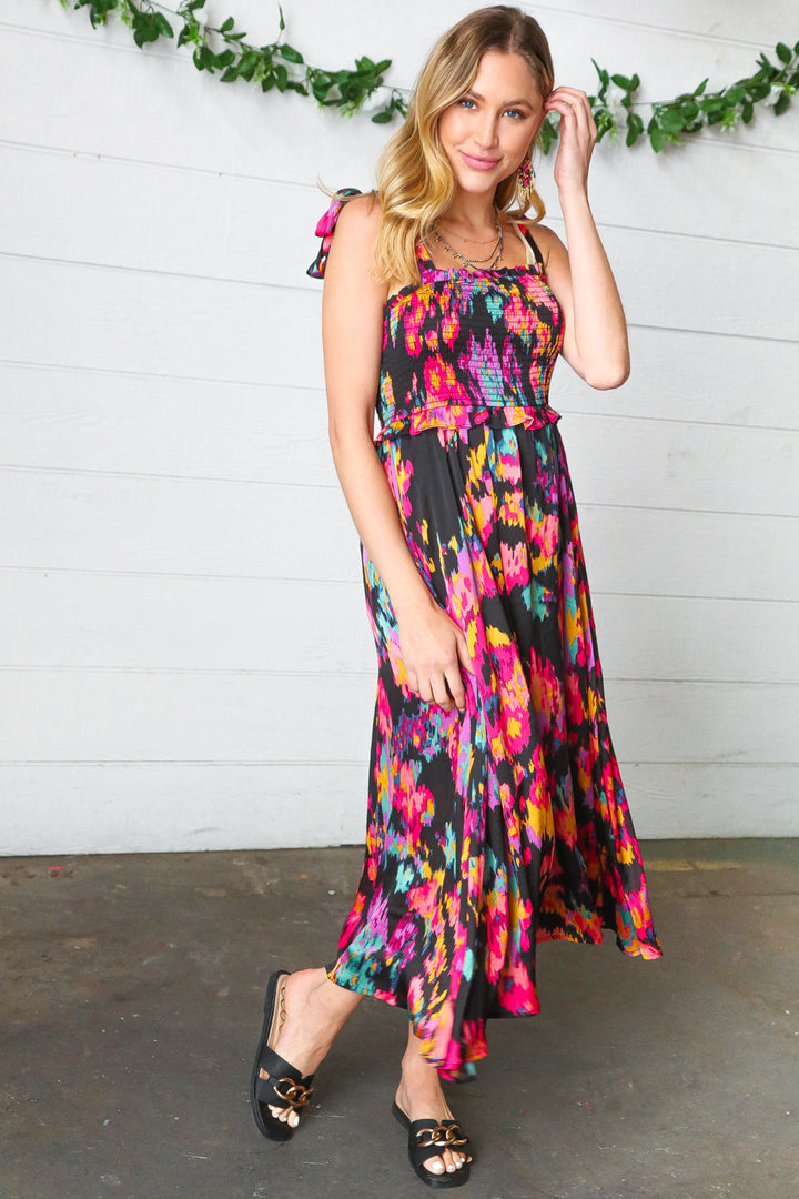 Black Smeared Floral Print Tie Shoulder Midi Dress