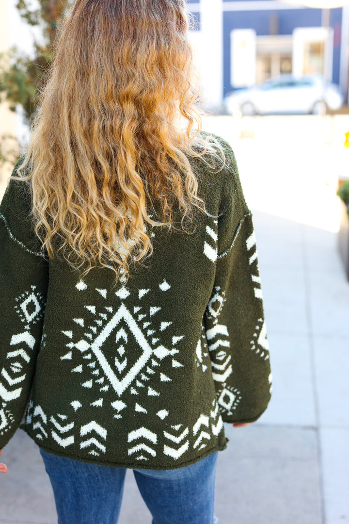 Just A Feeling Olive Aztec Print Fuzzy Sweater