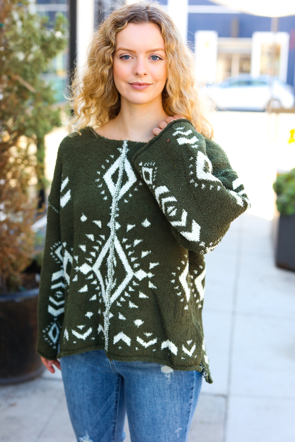 Just A Feeling Olive Aztec Print Fuzzy Sweater