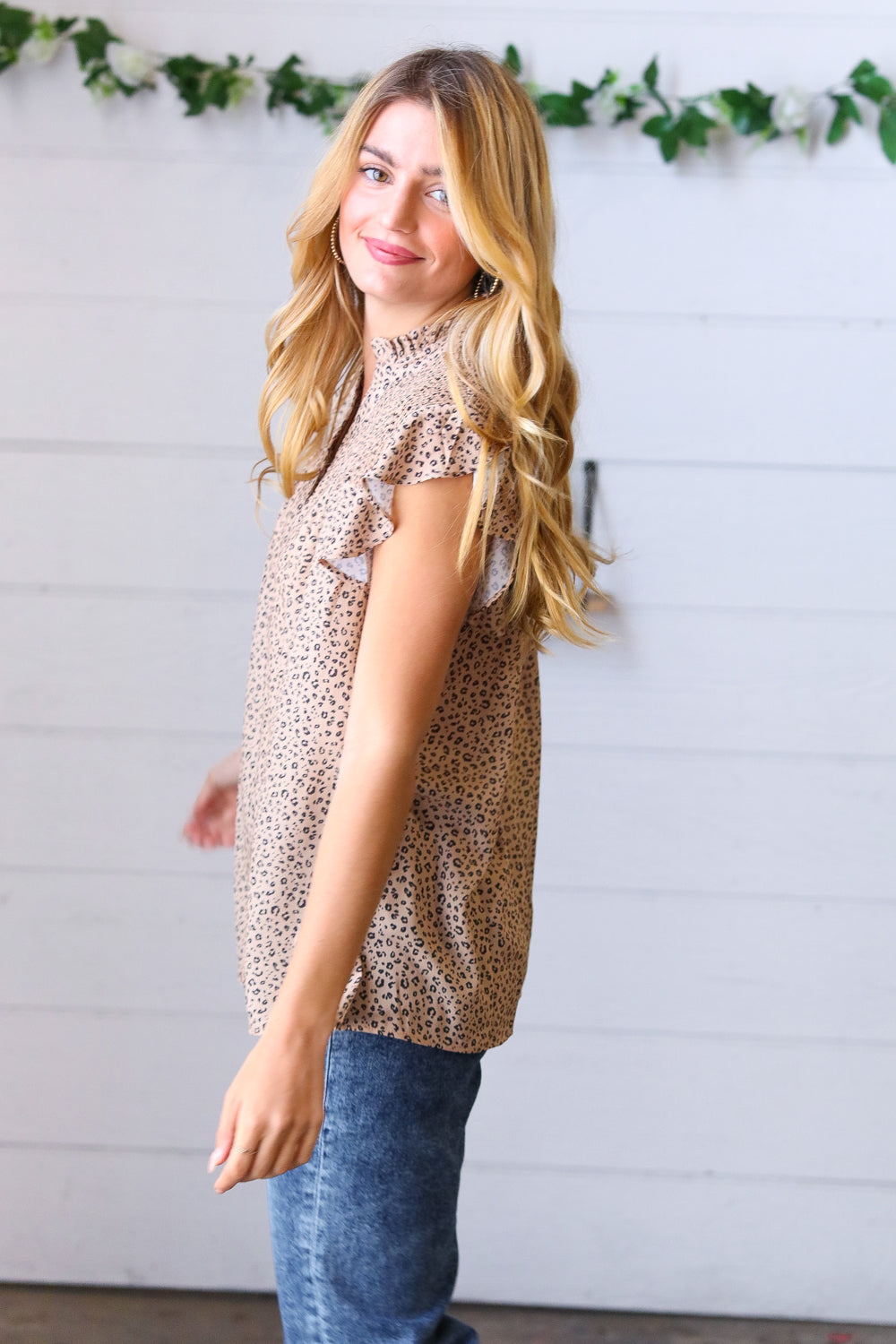 Taupe Animal Print Smocked Button Down Top